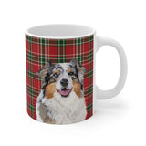 Custom 11oz ceramic mug with an Australian Shepherd hand illustration portrait on a red and green tartan plaid background[ChristmasPlaidHandIllustration]