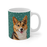 Custom 11oz ceramic mug with a corgi hand illustration portrait on a green background with small white paw prints[GreenPawsHandIllustration]