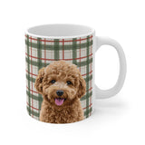 Custom 11oz ceramic mug with a curly goldendoodle hand illustration portrait on a cream flannel plaid background with green and red stripes[LightChristmasFlannelHandIllustration]