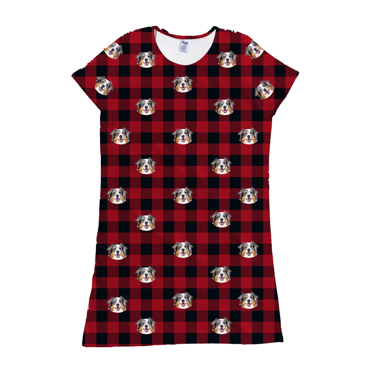 This is a nightgown in a Buffalo Plaid print with repeating pet faces on it[BuffaloPlaidNightgown]