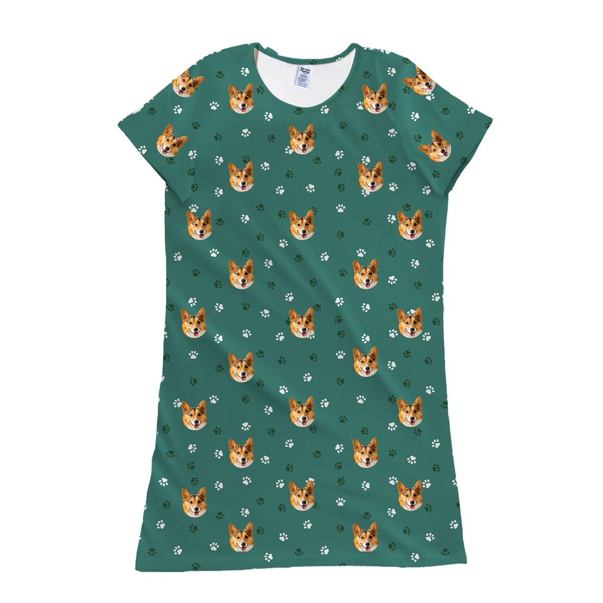 This is a nightgown in a Green Paws print with repeating pet faces on it[GreenPawsNightgown]