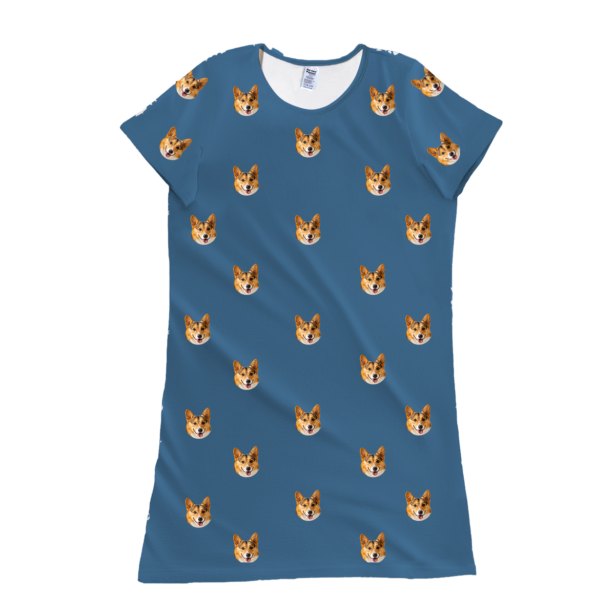 This is a nightgown in a Solid Blue print with repeating pet faces on it[SolidBlueNightgown]