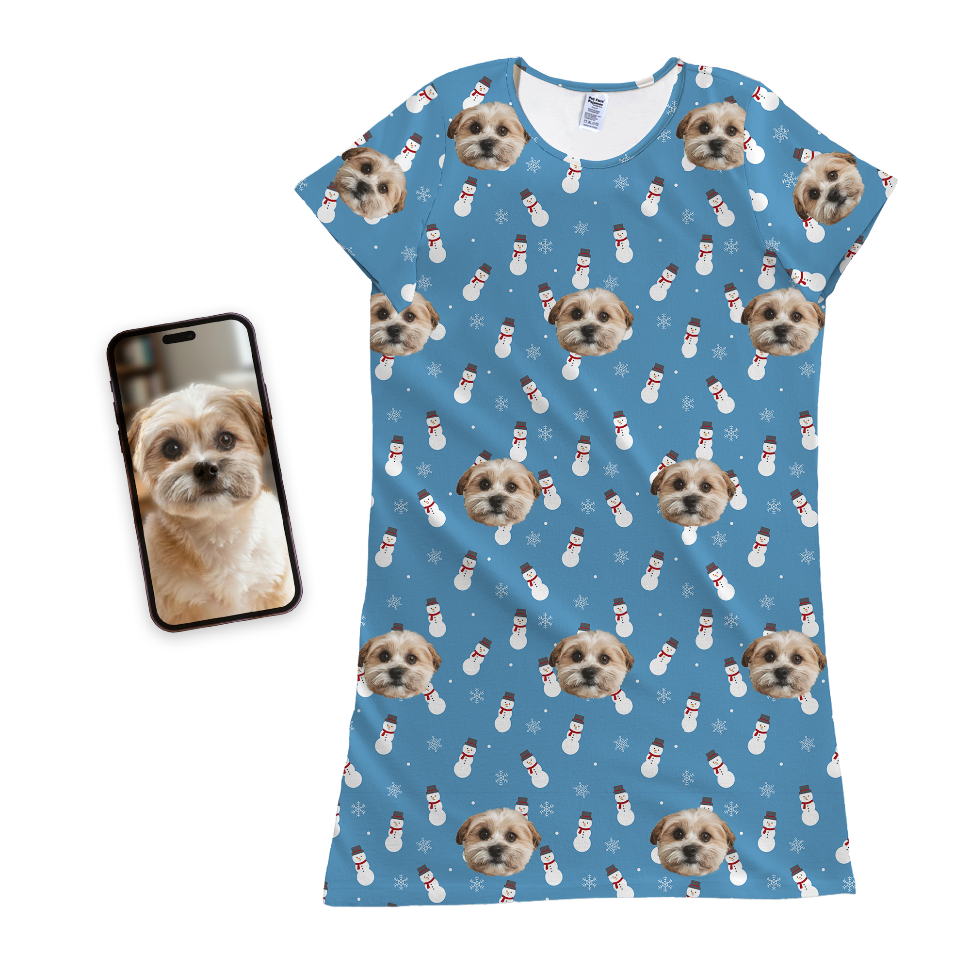 Custom pet face nightgown in light blue with repeating dog portraits and white snowmen pattern with red scarves and black hats, shown with phone displaying original dog photo