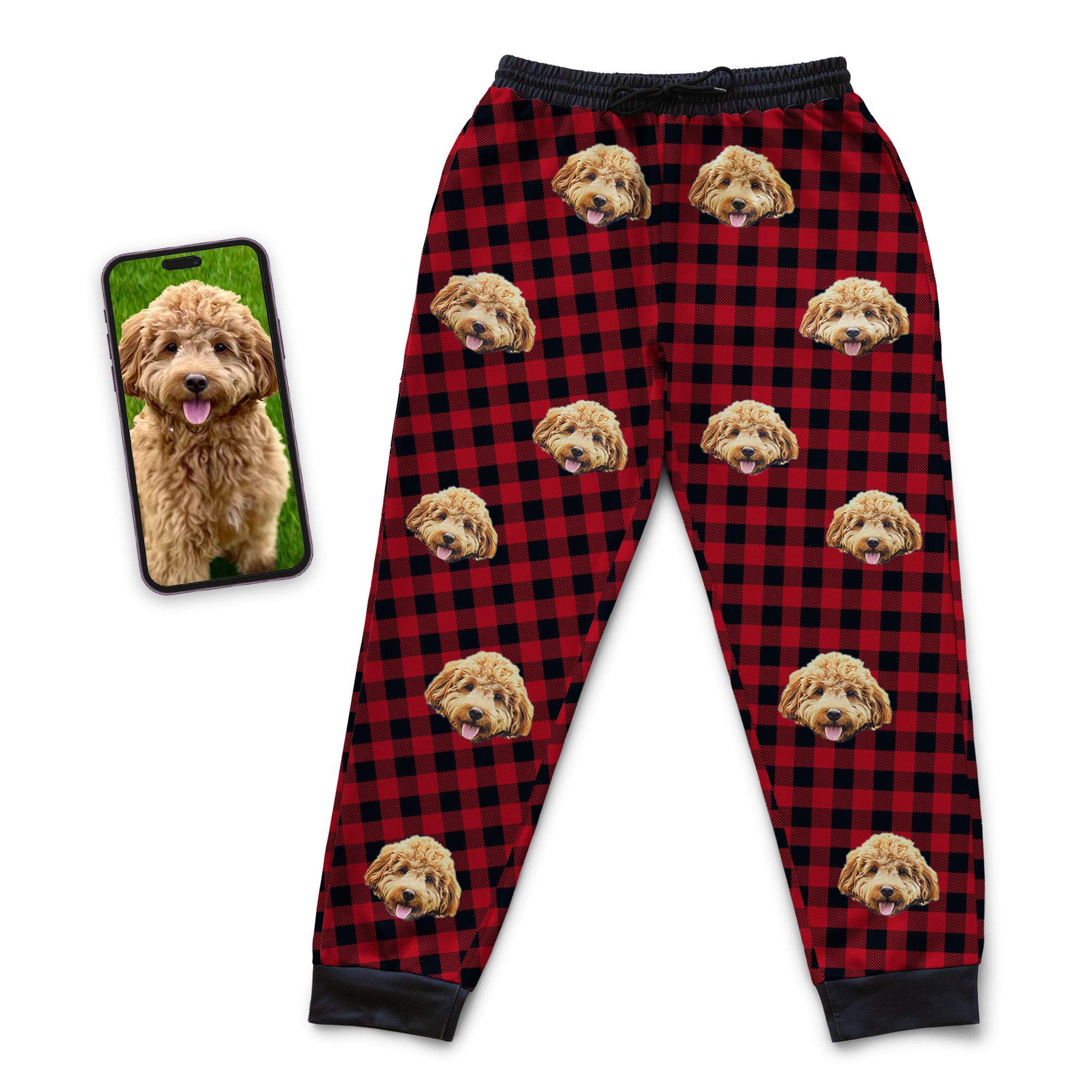 Custom pet face sweatpants in red and black buffalo plaid with repeating dog portraits, shown with phone displaying original dog photo