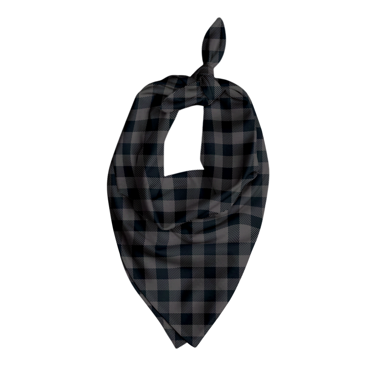Pet bandana in black and charcoal gray plaid pattern in triangular tie style