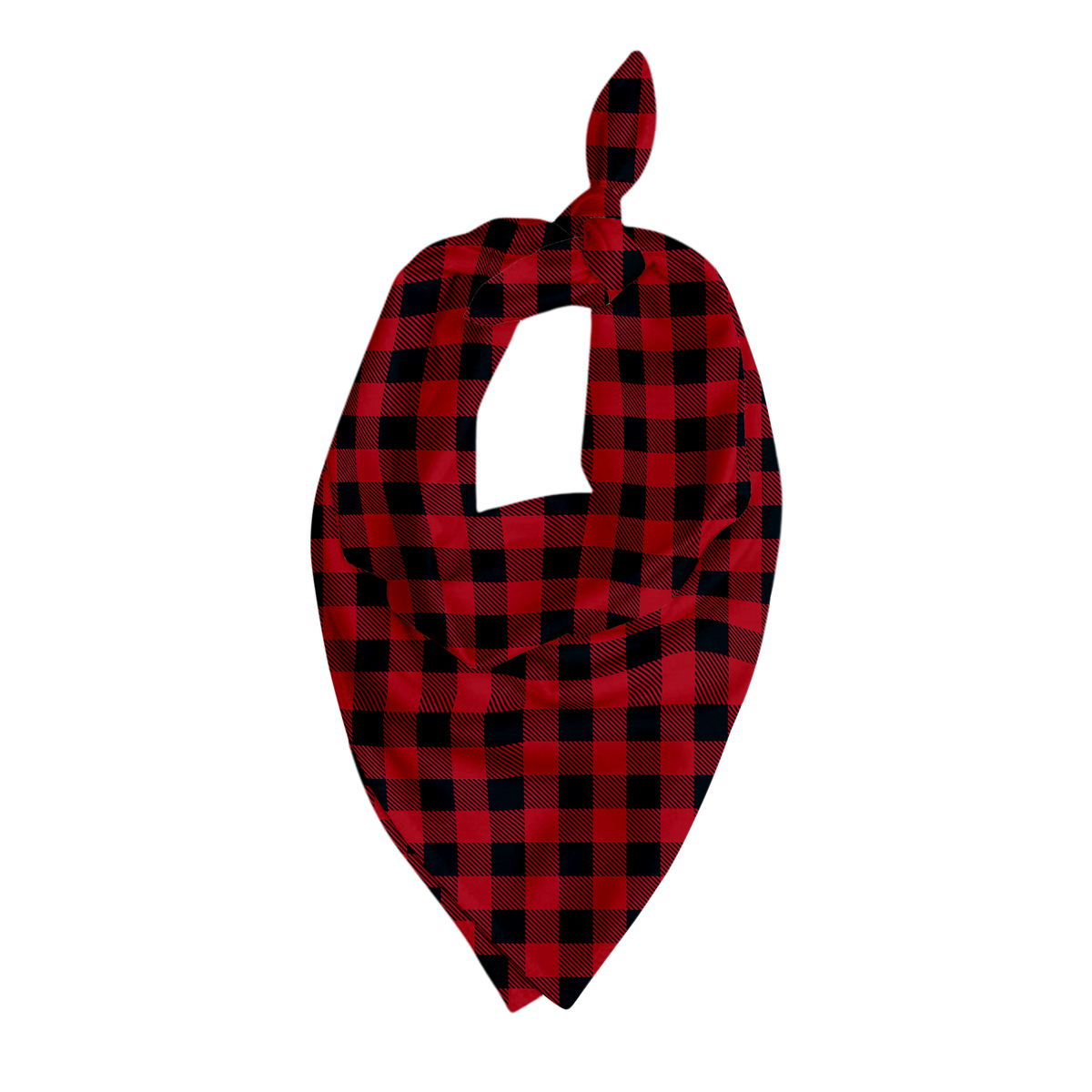 Pet bandana in red and black buffalo plaid checkered pattern in triangular tie style