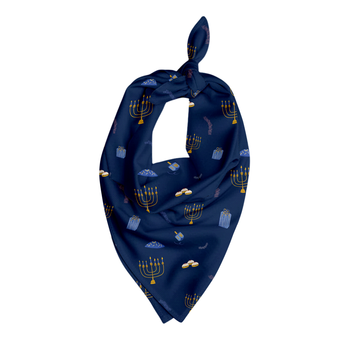 Pet bandana with blue background featuring golden menorah and Hanukkah symbols pattern