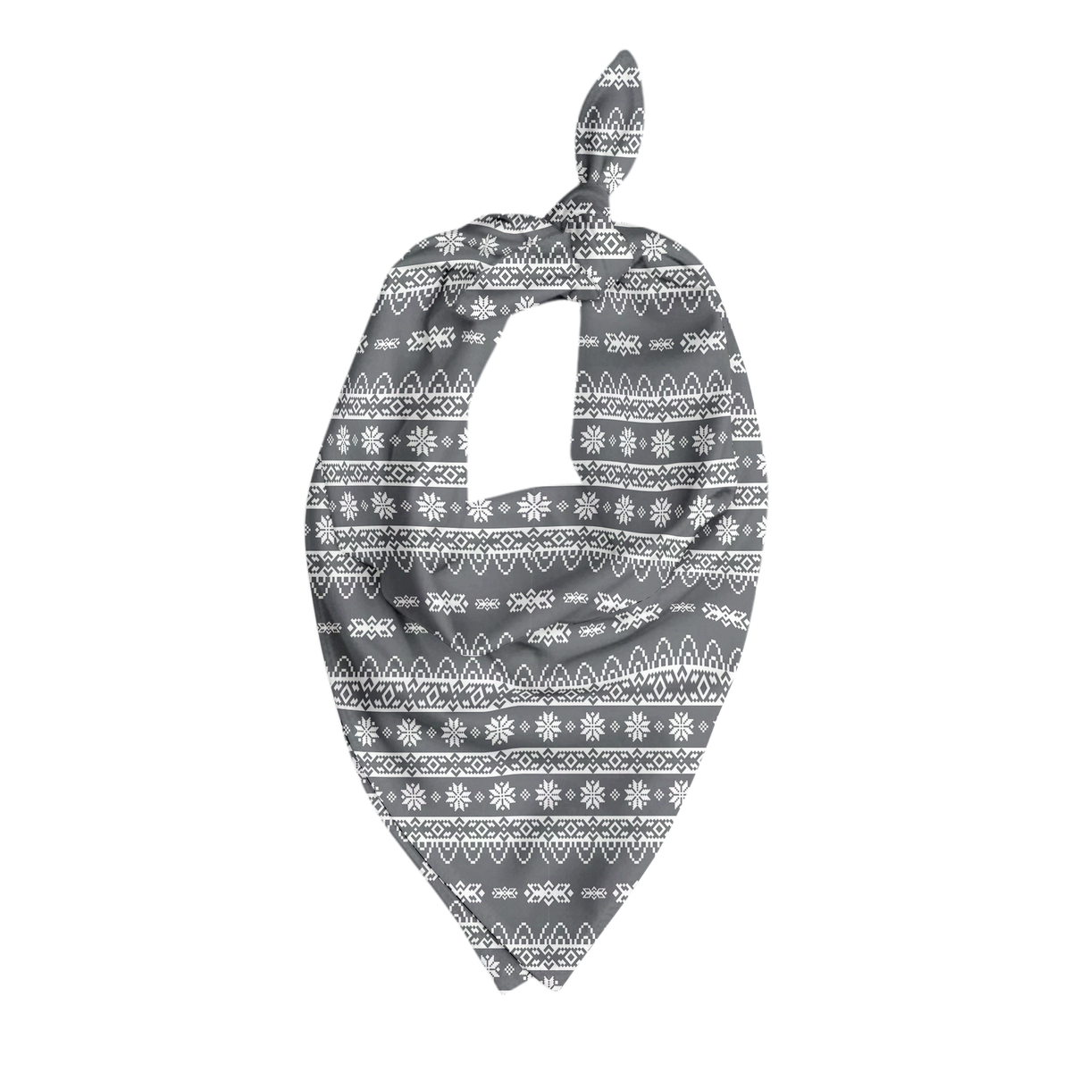 Pet bandana in gray and white with Fair Isle holiday sweater pattern featuring snowflakes and geometric designs in triangular tie style