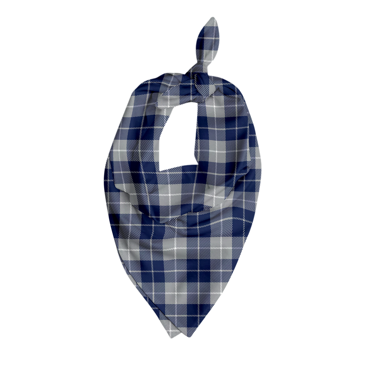 Pet bandana in navy, gray, and white plaid pattern in triangular tie style