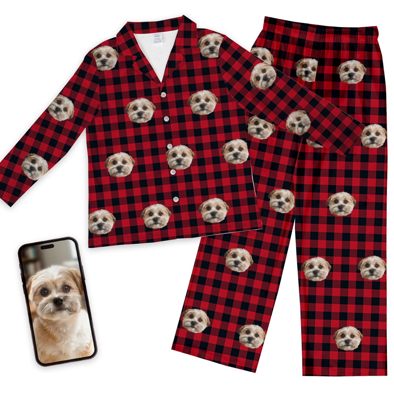 Custom pet face pajamas in red and black buffalo plaid long-sleeve set with repeating dog portraits, shown with phone displaying original dog photo