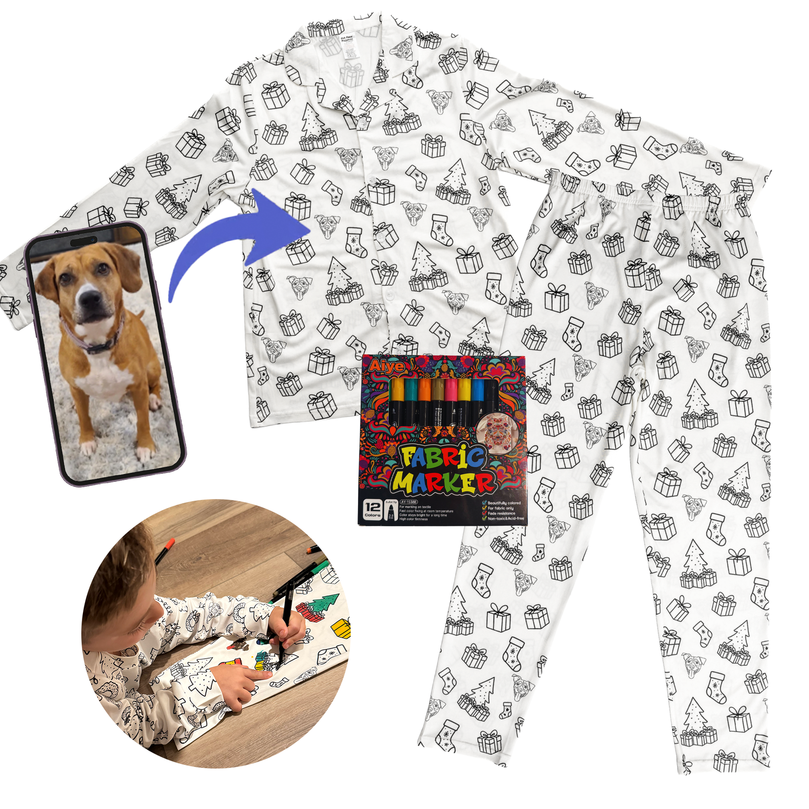 Long-sleeve pajama set in white with black outline Christmas pattern featuring presents, stockings, and snowflakes, designed to be colored, shown with dog photo on phone and person coloring the pajamas