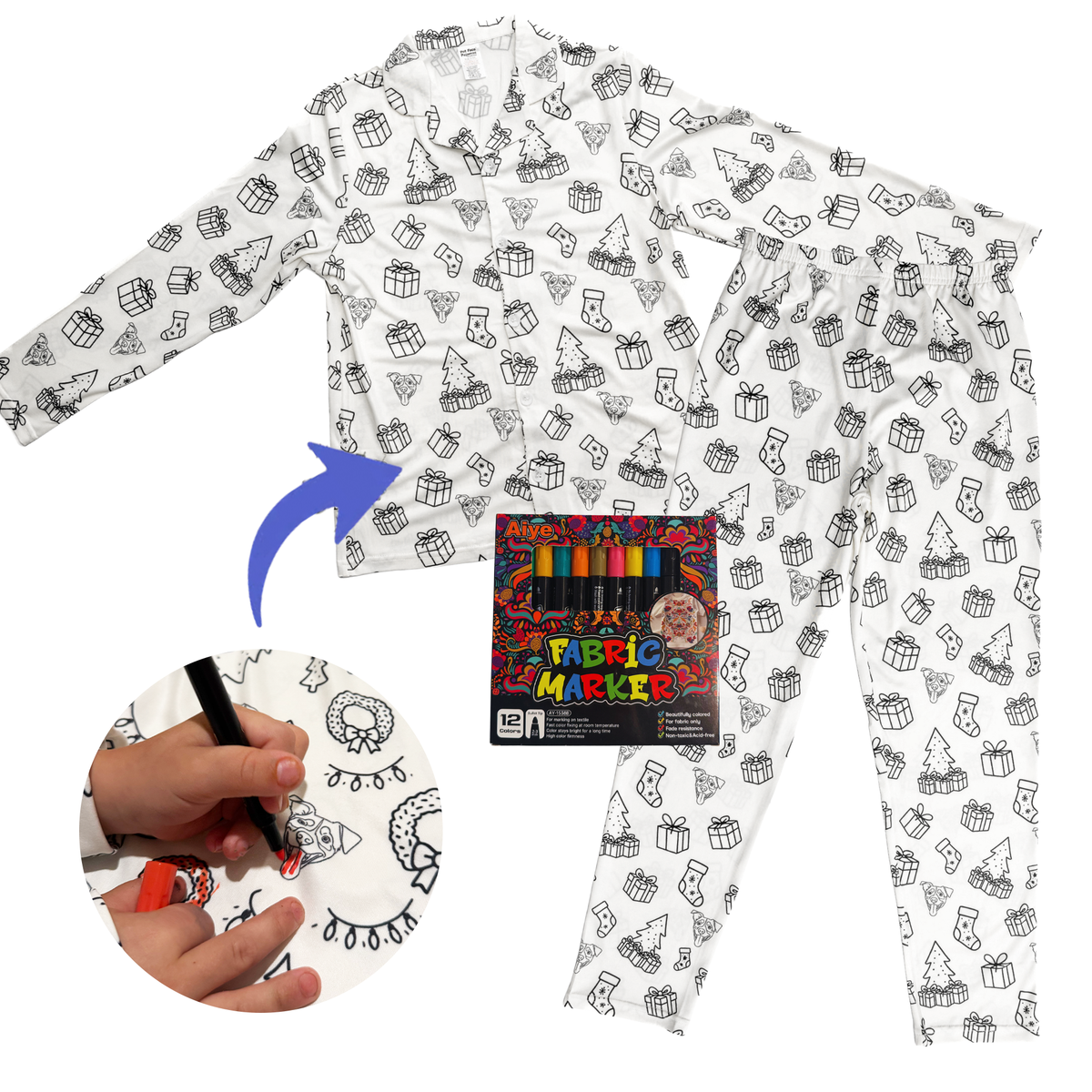Long-sleeve pajama set in white with black outline Christmas pattern featuring presents, stockings, and snowflakes, designed to be colored, with hand holding marker demonstrating colorable feature