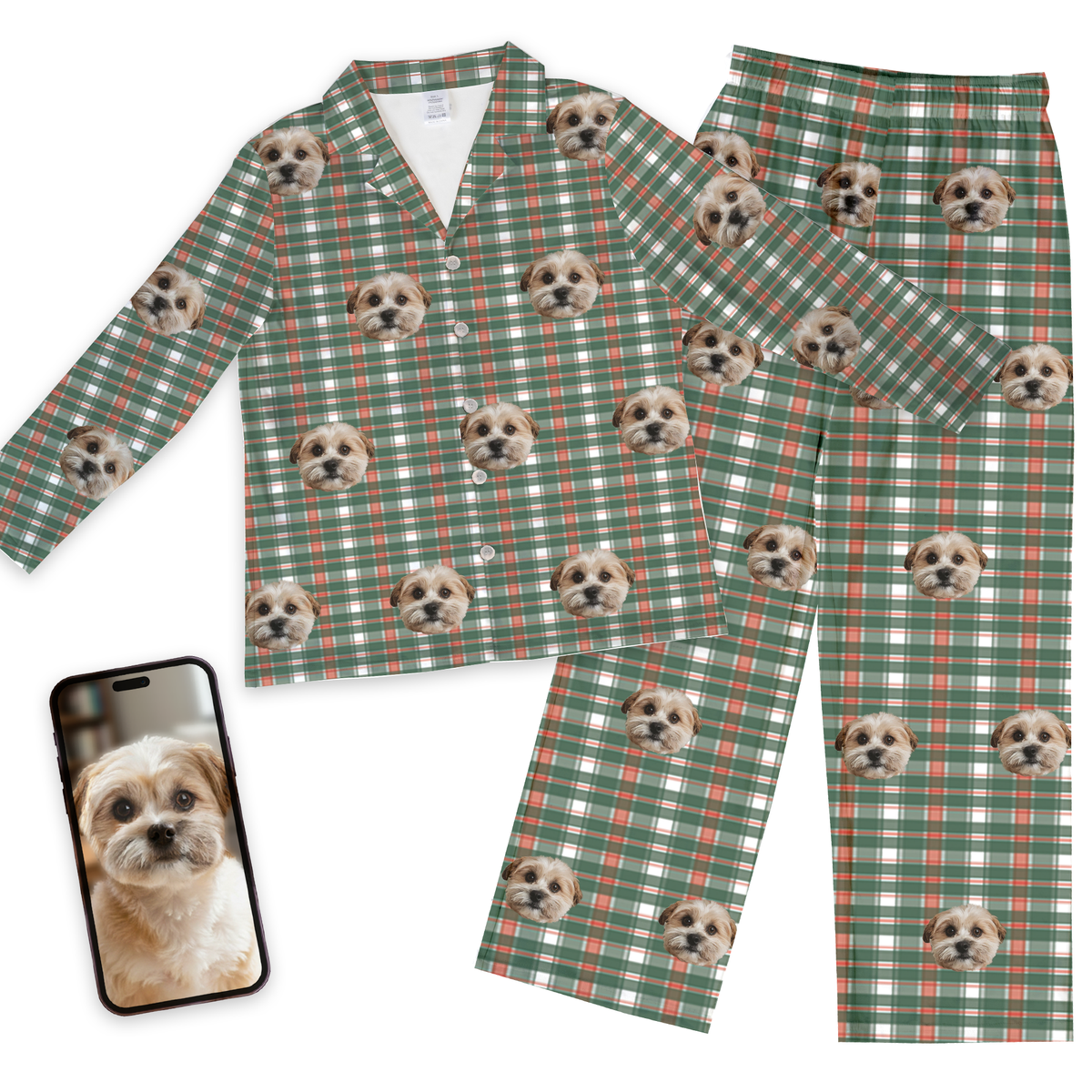 Custom pet face pajamas in green plaid long-sleeve set with repeating dog portraits on flannel pattern, shown with phone displaying original dog photo