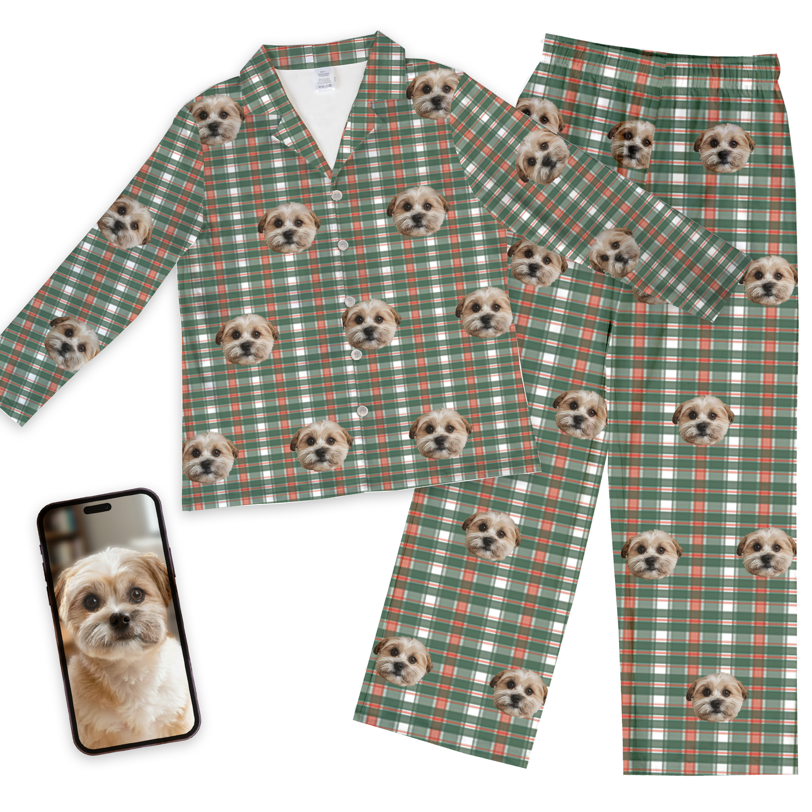 Custom pet face pajamas in green plaid long-sleeve set with repeating dog portraits on flannel pattern, shown with phone displaying original dog photo
