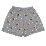These are cartoon pajama shorts in a gray color with repeating pet faces on them[PajamaShorts]