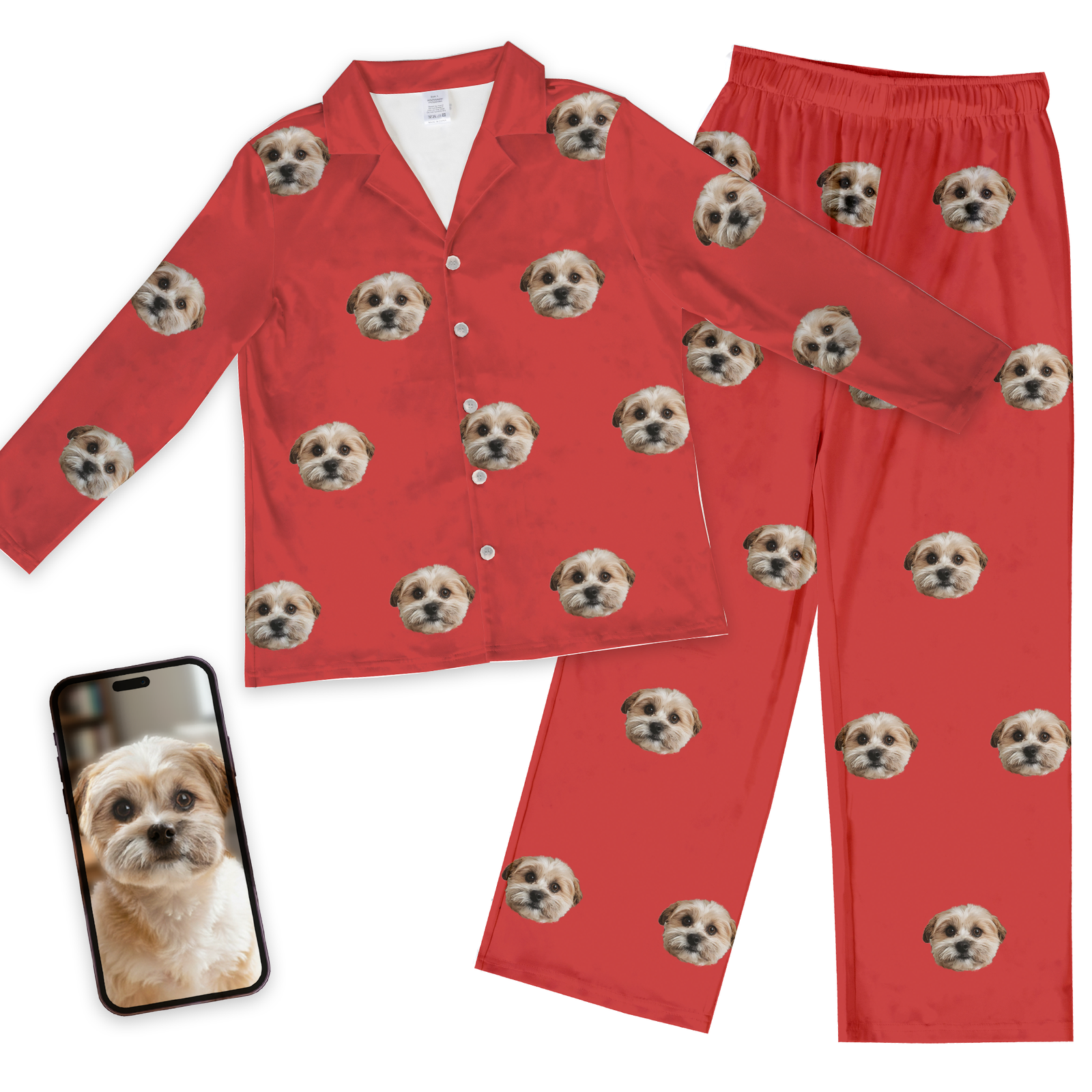 Custom pet face pajamas in solid red long-sleeve set with repeating dog portraits, shown with phone displaying original dog photo