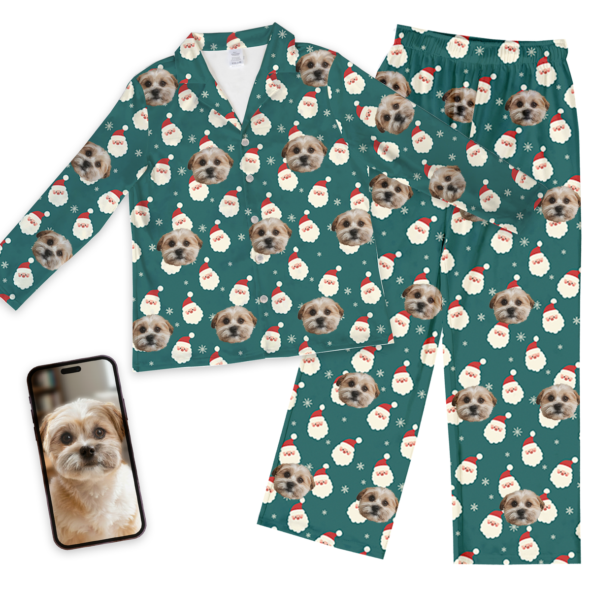 Custom pet face pajamas in teal long-sleeve set with repeating dog portraits, Santa hats, and snowflakes, shown with phone displaying original dog photo