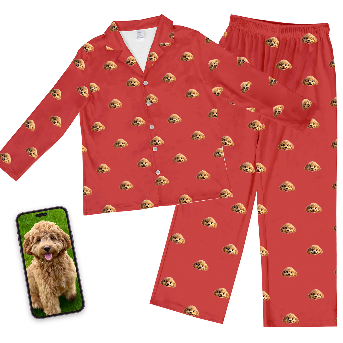 Custom pet face pajama set in solid red with repeating cat portraits, including long-sleeve top and pants, shown with phone displaying original cat photo