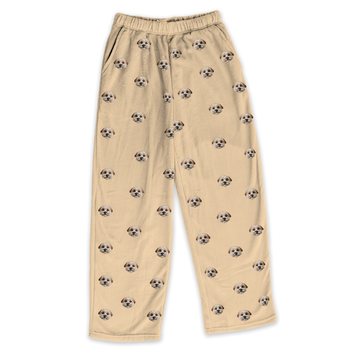 These are pajama pants in a butter yellow color with repeating pet faces on them[ButterYellow]