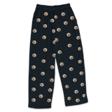 These are pajama pants in a black color with repeating pet faces on them