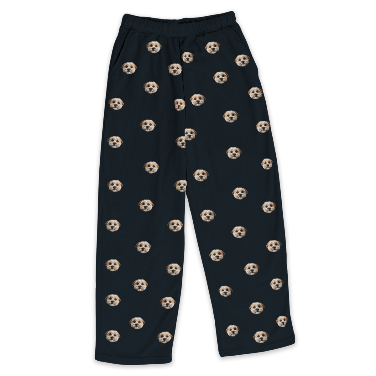 These are pajama pants in a black color with repeating pet faces on them