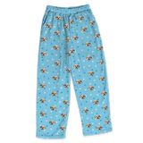 These are pajama pants in a light blue color with repeating pet faces on them