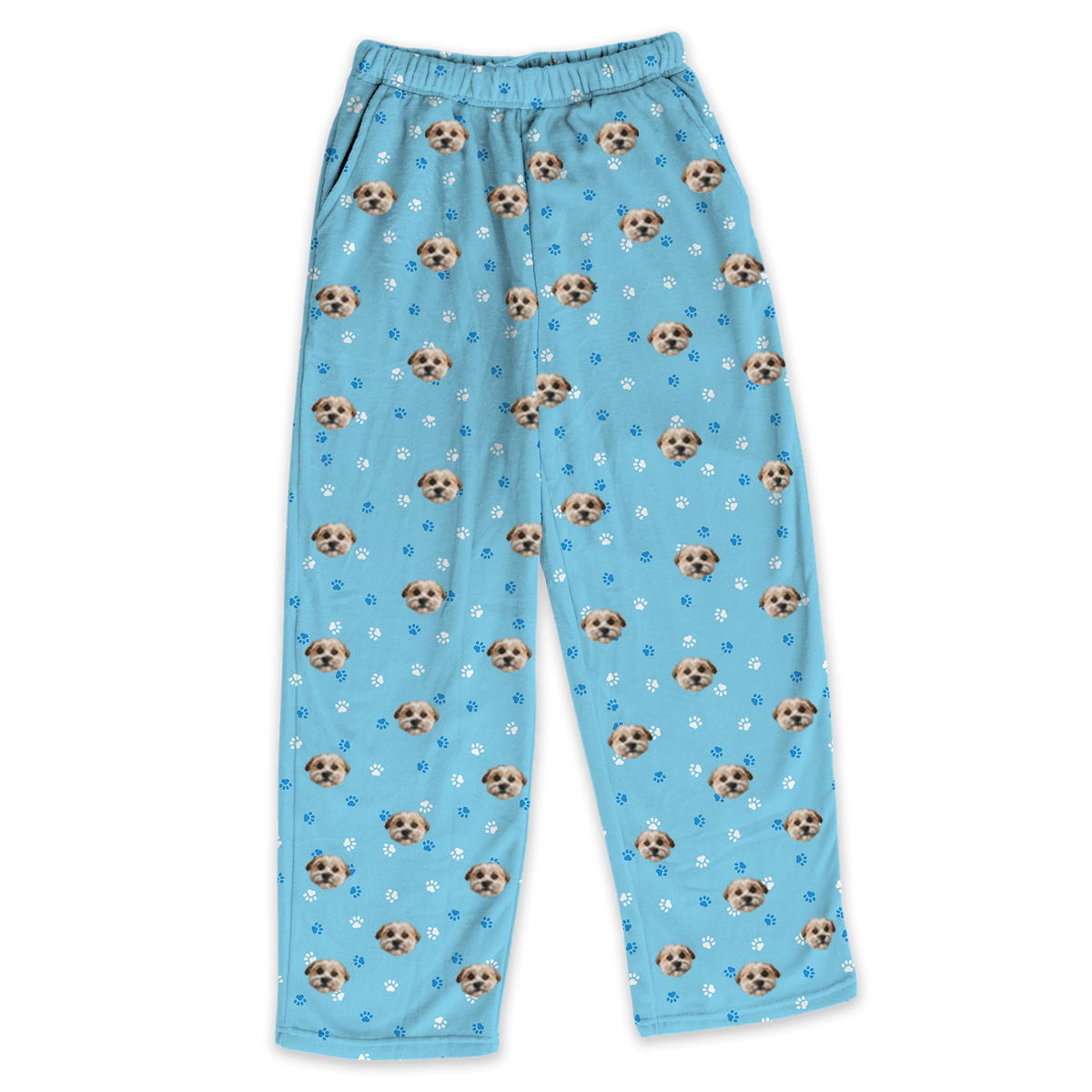 These are pajama pants in a light blue color with repeating pet faces on them