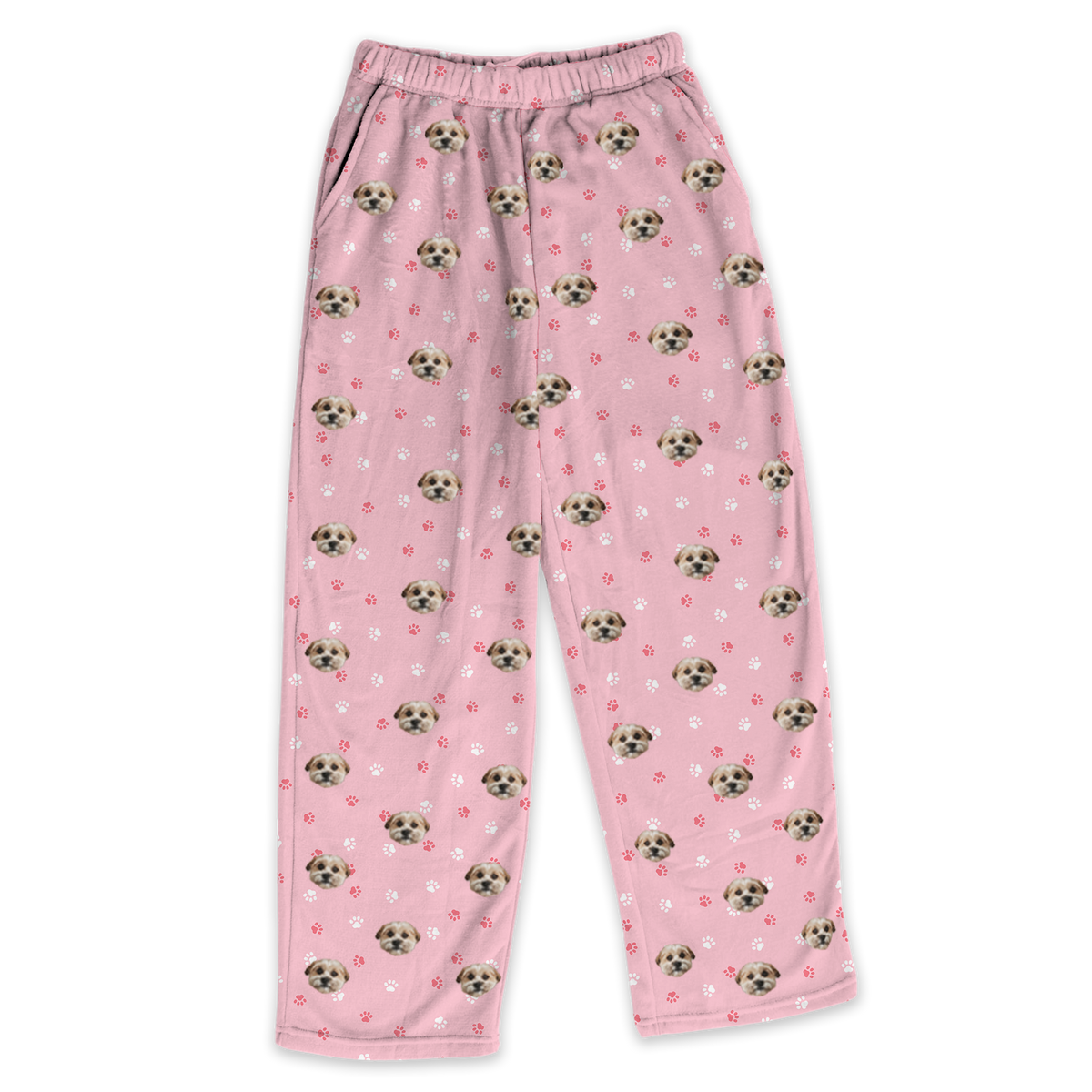 These are pajama pants in a pink color with repeating pet faces on them