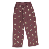These are pajama pants in a maroon color with repeating pet faces on them[Maroon]