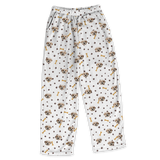 These are pajama pants in a white color with repeating pet faces on them