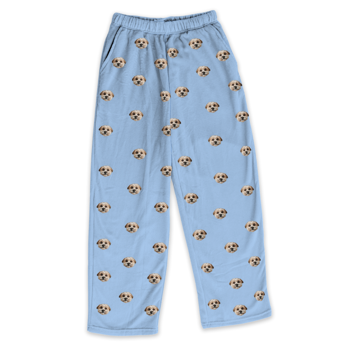 These are pajama pants in a sky blue color with repeating pet faces on them[SkyBlue]