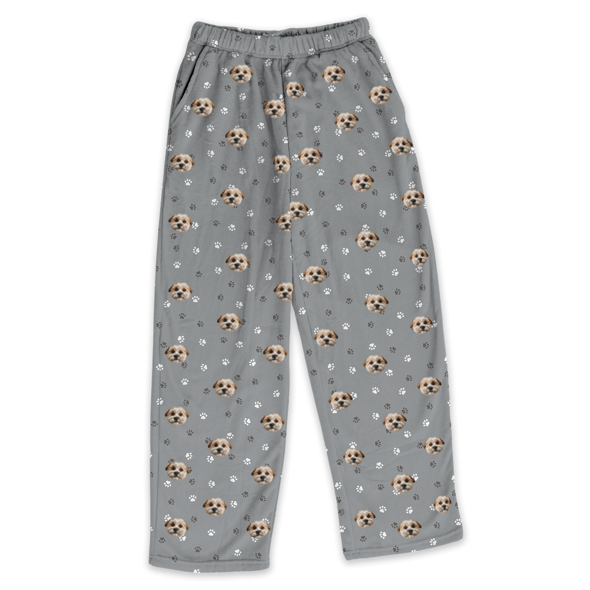 These are pajama pants in a gray color with repeating pet faces on them[SlateGrayPaws]