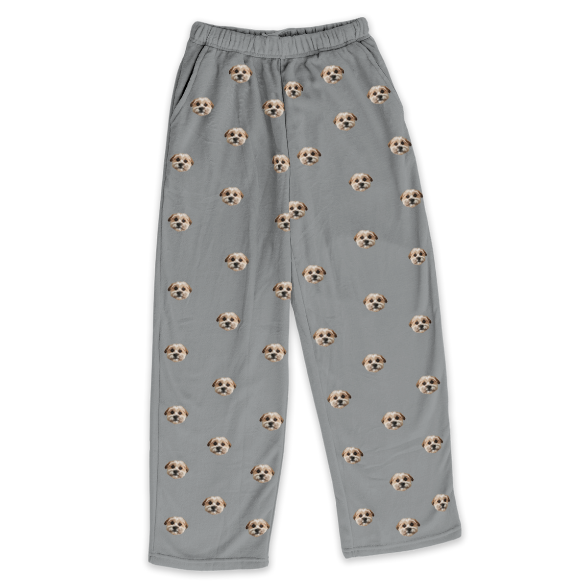 These are pajama pants in a gray color with repeating pet faces on them[SlateGray]