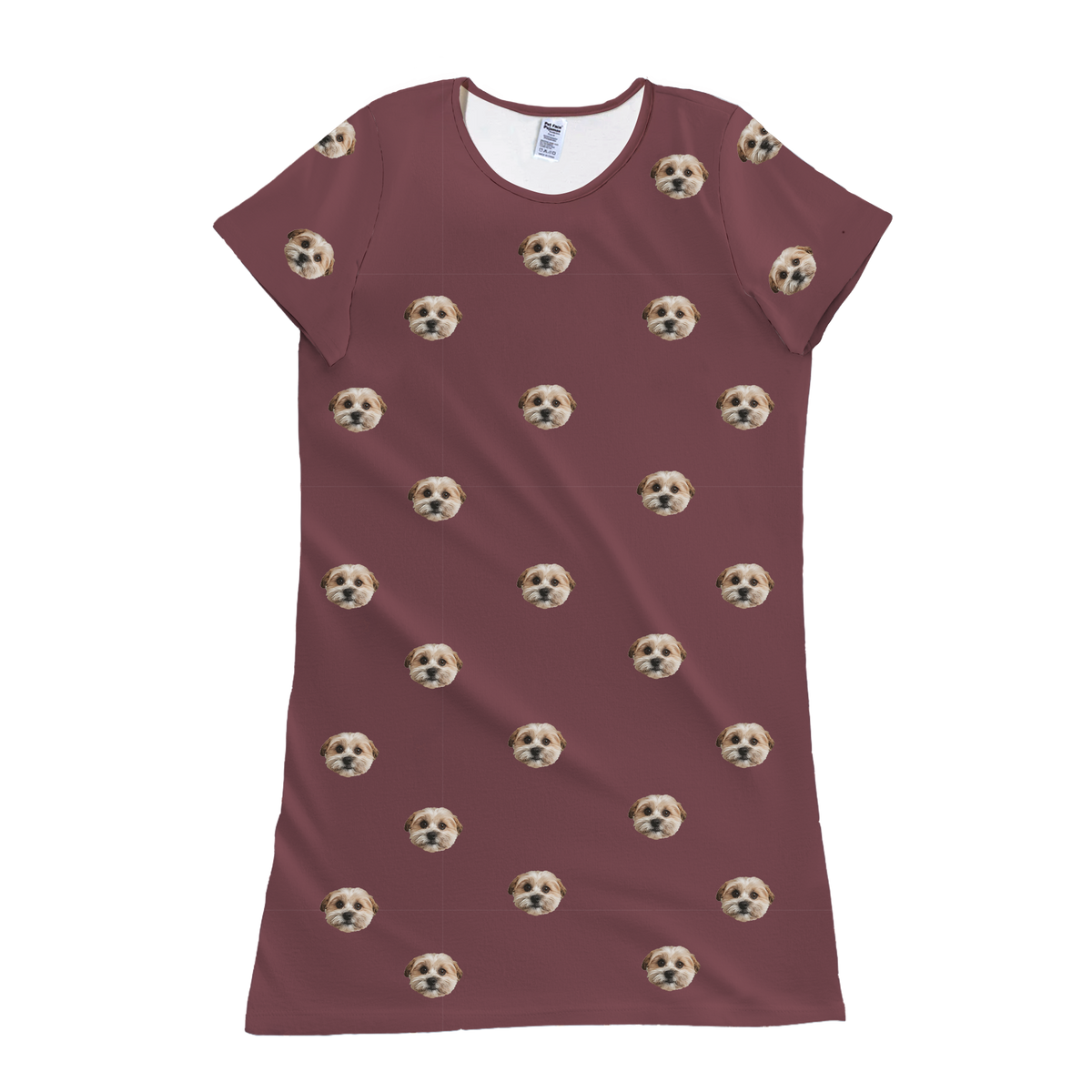 Maroon nightgown with dog pattern on a white background