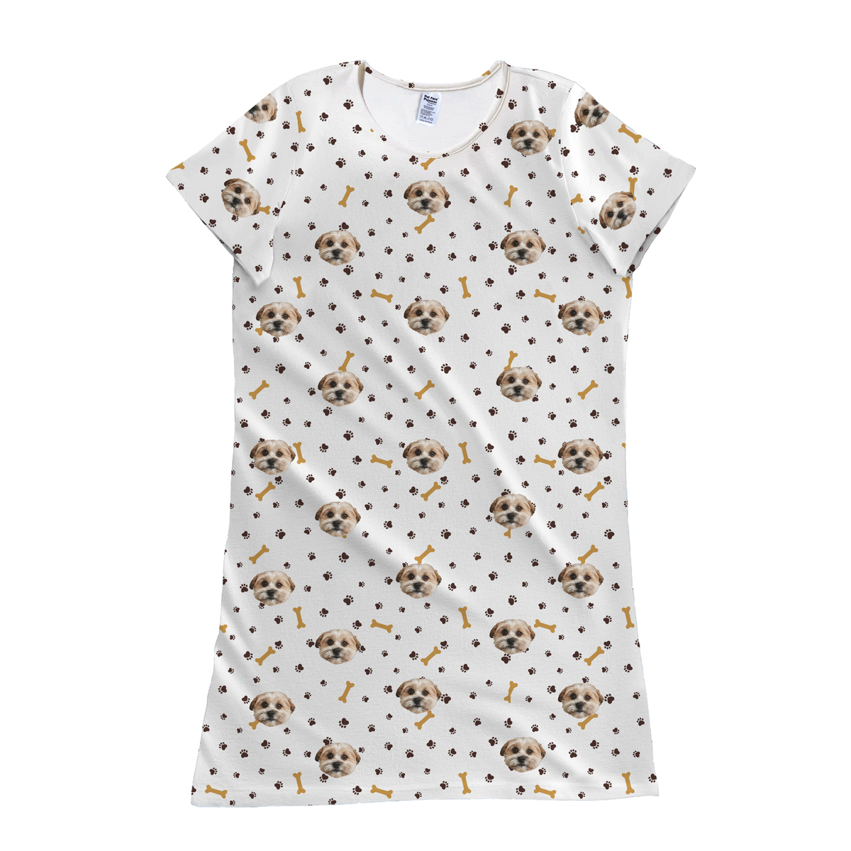 White nightgown with dog paws and bones pattern on a white background[PawsandBones]