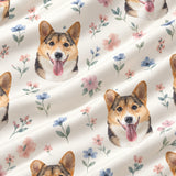 Close-up of the Pastel Meadows print showing custom pet faces among pastel wildflowers on a cream fabric
