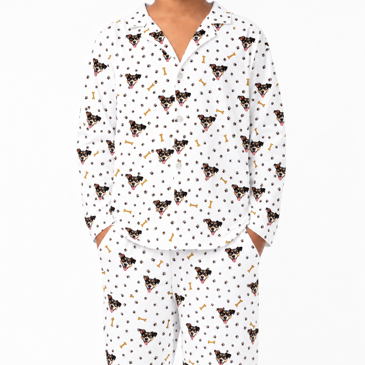 White pajama set with dog pattern on a white background
