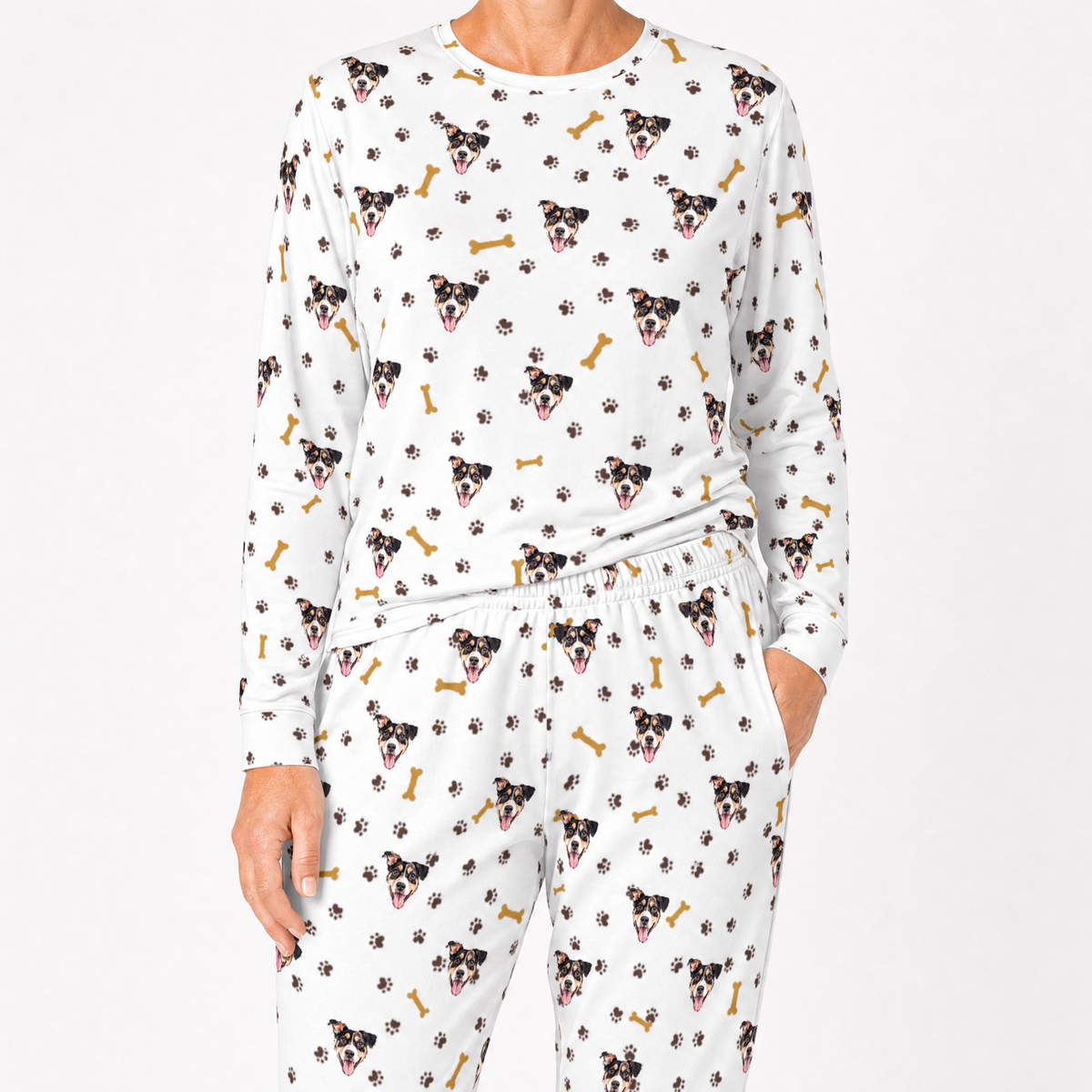 White jogger pajama set with dog pattern on a white background