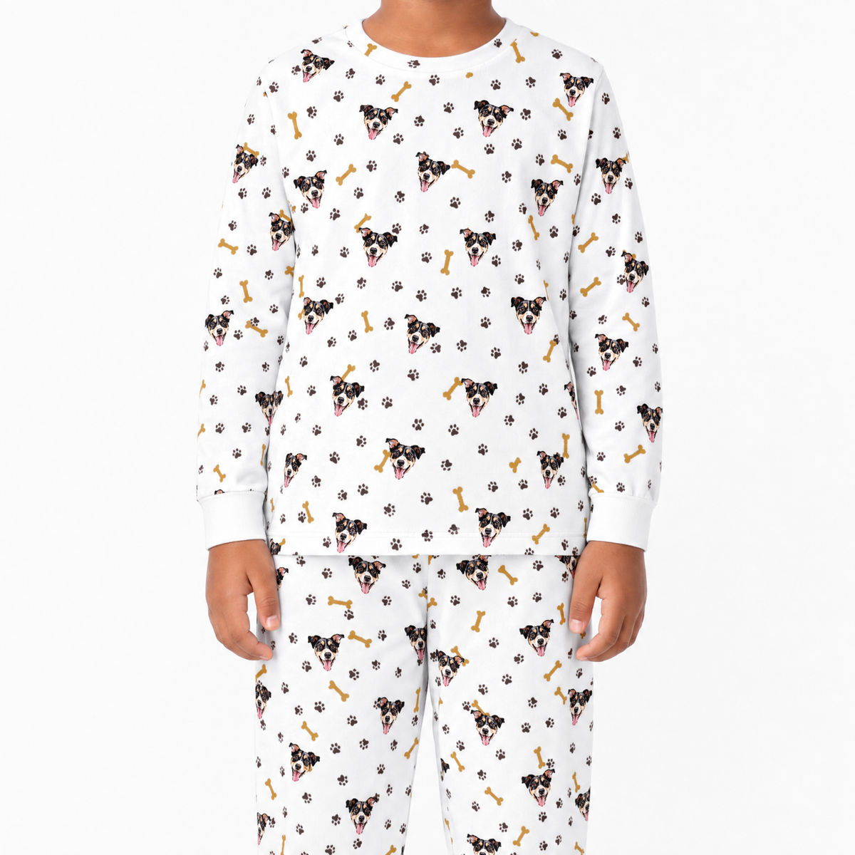 Children's white jogger pajama set with dog and bone pattern on a white background