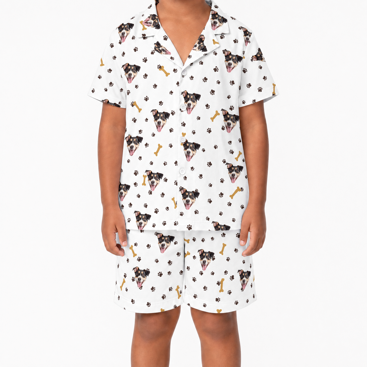 White pajama set with dog pattern on a white background