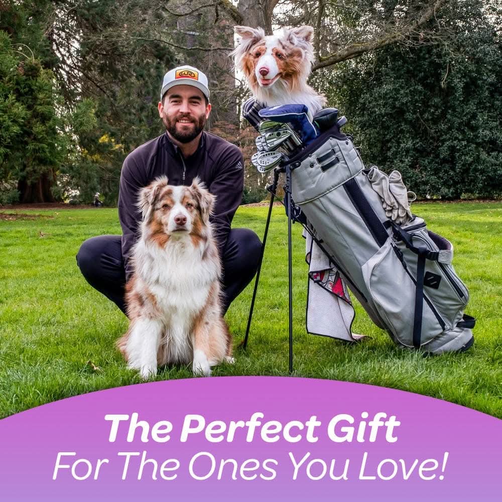 Golfer & dog with bag & custom headcover. Text: 'The Perfect Gift For The Ones You Love'