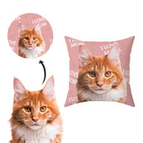 Custom cat pillow with 'I Love My Mom' text on a pink background.