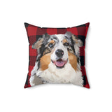 Custom 16 inch throw pillow with an Australian Shepherd hand illustration portrait on a red and black buffalo plaid background[BuffaloPlaidHandIllustration]
