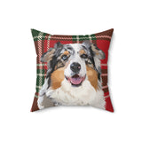 Custom 16 inch throw pillow with an Australian Shepherd hand illustration portrait on a red and green tartan plaid background[ChristmasPlaidHandIllustration]