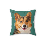 Custom 16 inch throw pillow with a corgi photo cutout portrait on a green background with small white paw prints[GreenPawsImageCutOut]