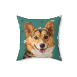 Custom 16 inch throw pillow with a corgi hand illustration portrait on a green background with small white paw prints[GreenPawsHandIllustration]