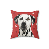 Custom 16 inch throw pillow with a Dalmatian photo cutout portrait on a red background with small white paw prints[RedPawsImageCutOut]