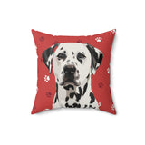 Custom 16 inch throw pillow with a Dalmatian hand illustration portrait on a red background with small white paw prints[RedPawsHandIllustration]