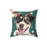 Custom 16 inch throw pillow with a tricolor terrier mix photo cutout portrait on a green background with a repeating Santa face pattern[SantaImageCutOut]