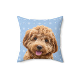 Custom 16 inch throw pillow with a curly goldendoodle photo cutout portrait on a light blue background with tiny white snowflakes[SnowflakesImageCutOut]